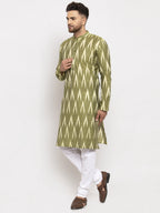 Jompers Men Green Woven Design Ikkat Straight Kurta with Churidar - Distacart