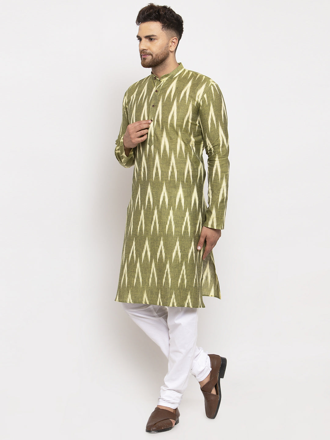 Jompers Men Green Woven Design Ikkat Straight Kurta with Churidar - Distacart
