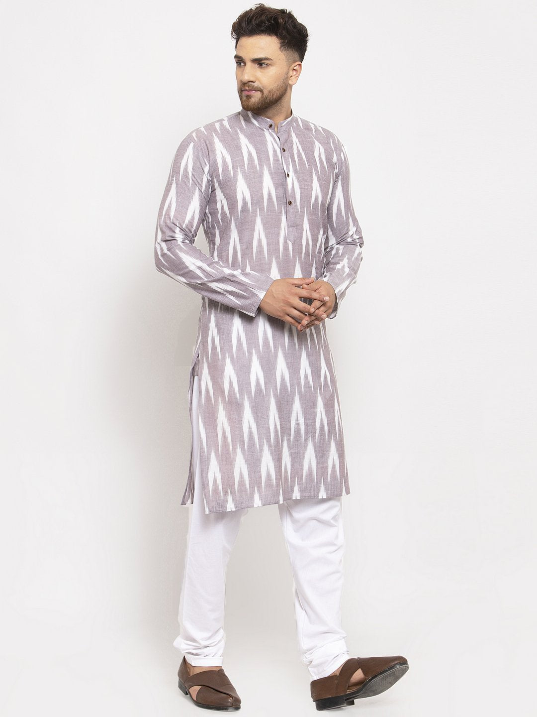 Jompers Men Grey Woven Design Ikkat Straight Kurta Only - Distacart