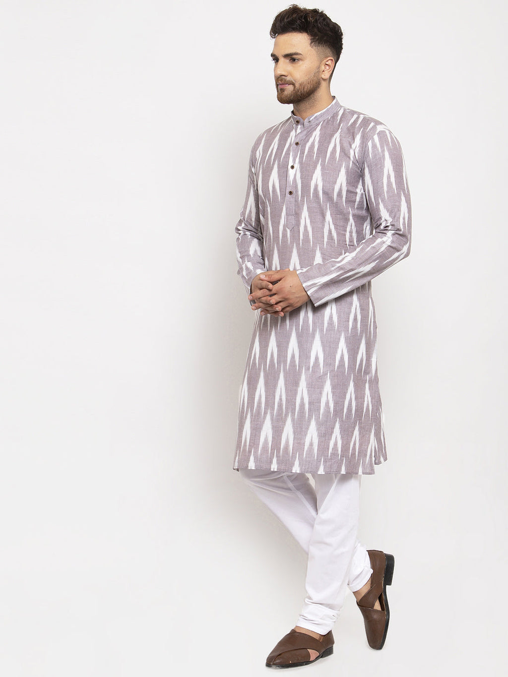 Jompers Men Grey Woven Design Ikkat Straight Kurta with Churidar - Distacart