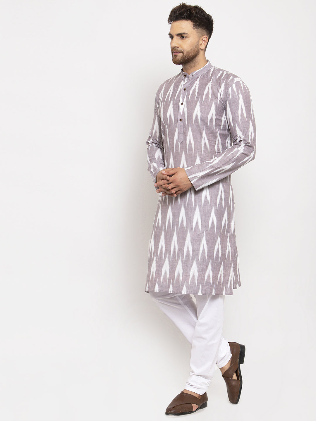 Jompers Men Grey Woven Design Ikkat Straight Kurta with Churidar - Distacart