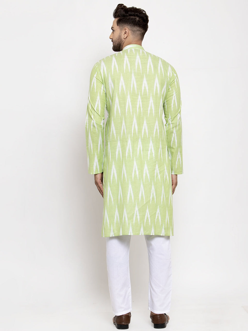 Jompers Men Lime Green Woven Design Ikkat Straight Kurta with Churidar - Distacart