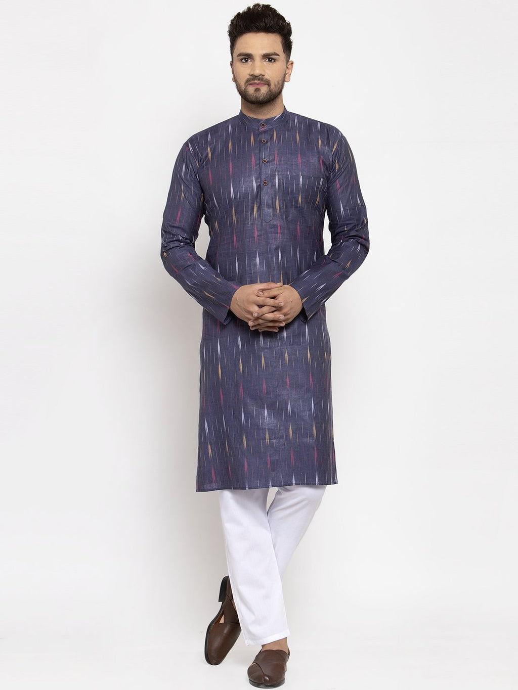 Jompers Men Navy Blue Woven Design Ikkat Straight Kurta Only - Distacart