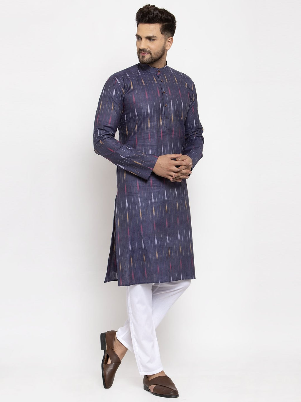Jompers Men Navy Blue Woven Design Ikkat Straight Kurta Only - Distacart