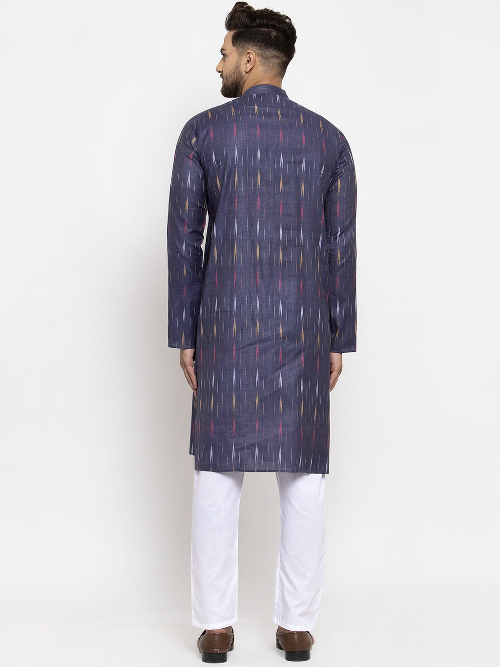 Jompers Men Navy Blue Woven Design Ikkat Straight Kurta with Churidar - Distacart