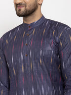 Jompers Men Navy Blue Woven Design Ikkat Straight Kurta with Churidar - Distacart