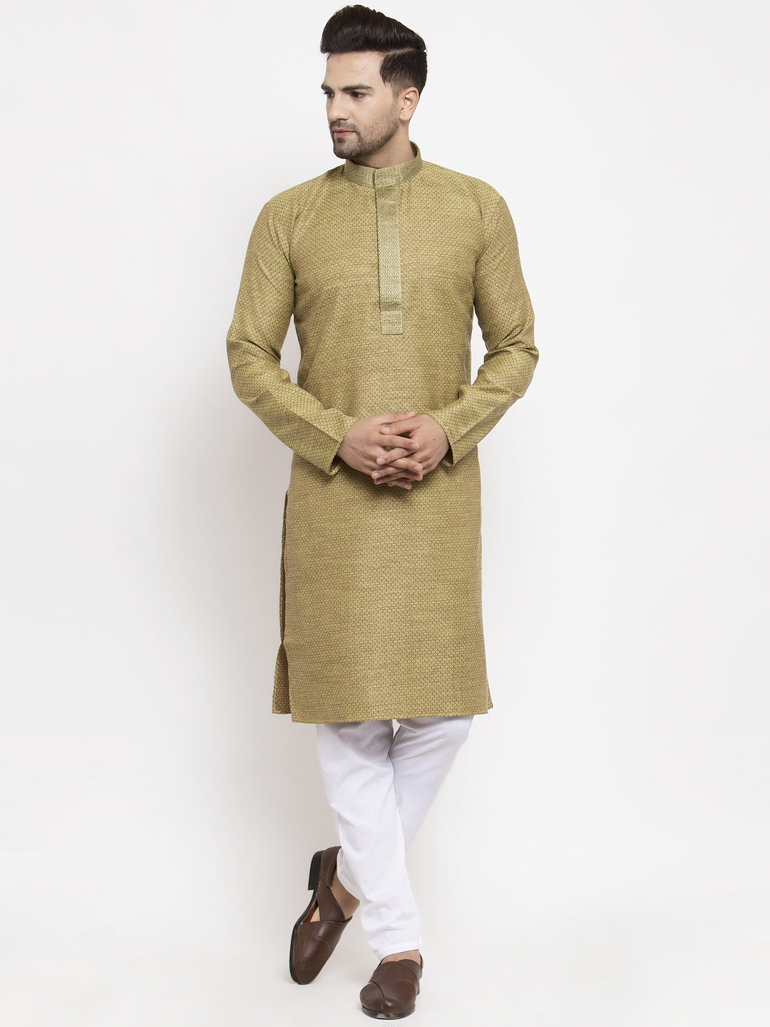 Jompers Men Olive Green Embroidered Kurta with Pyjamas - Distacart