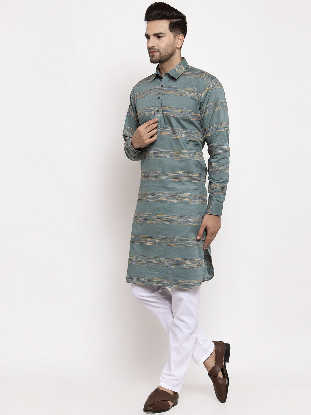 Jompers Men Green & White Woven Design Kurta with Pyjamas - Distacart