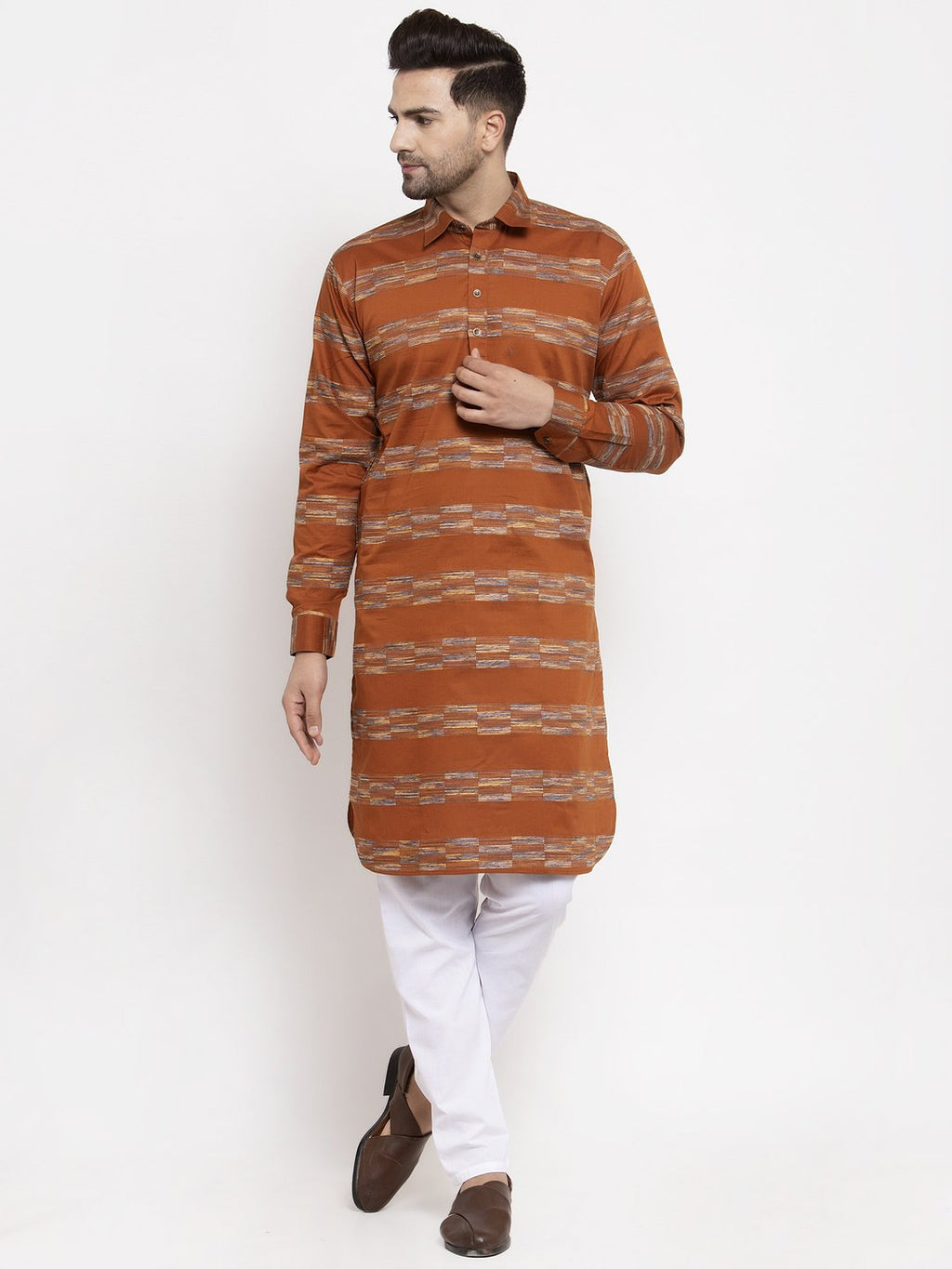 Jompers Men Mustard & White Woven Design Kurta Only - Distacart