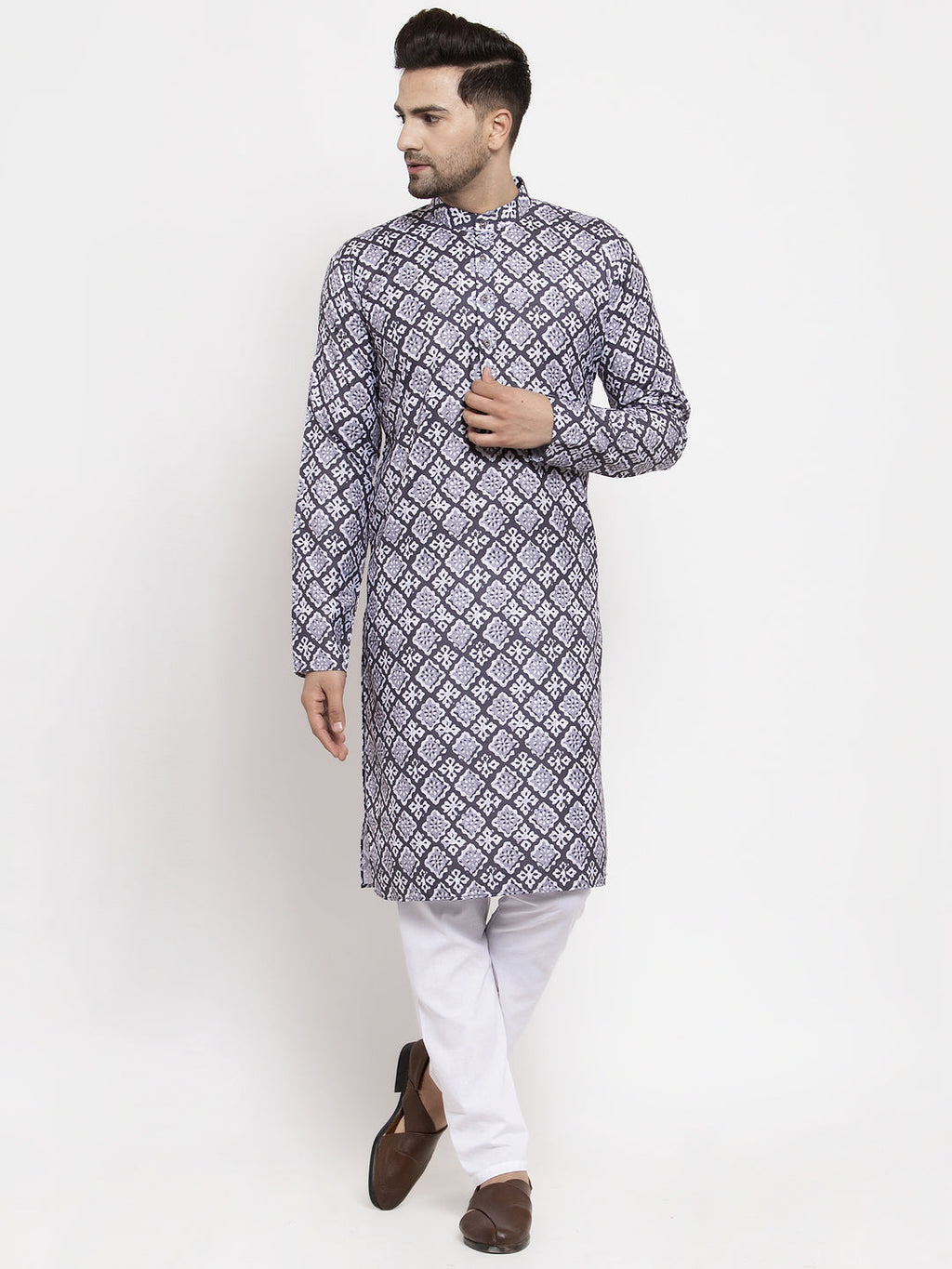 Jompers Men Blue & White Printed Kurta with Churidar - Distacart