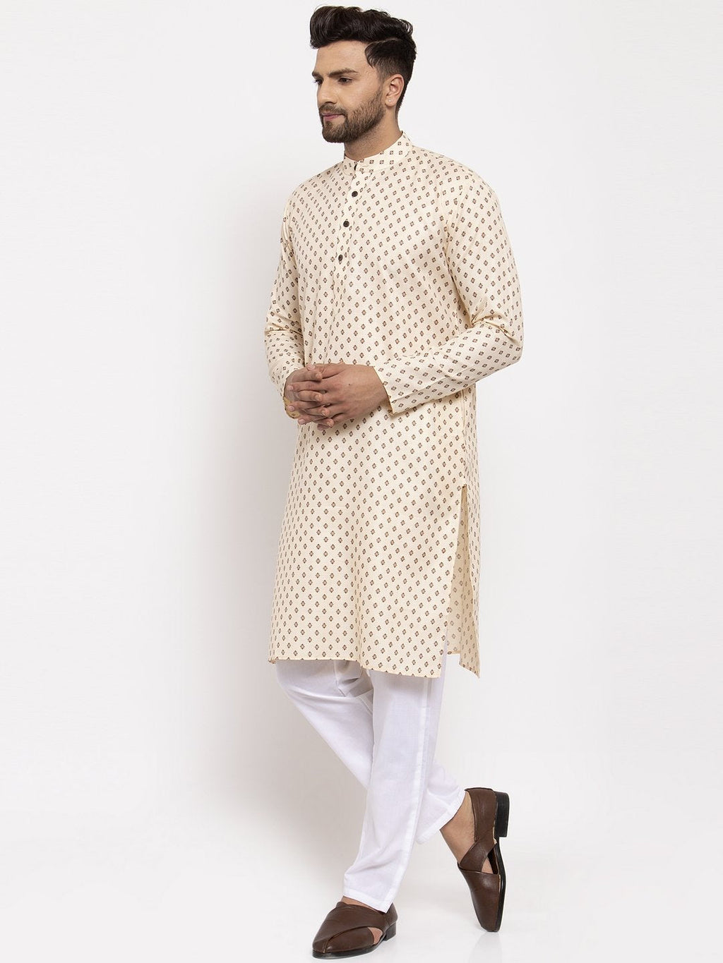 Jompers Men Cream-Coloured Printed Kurta Only - Distacart