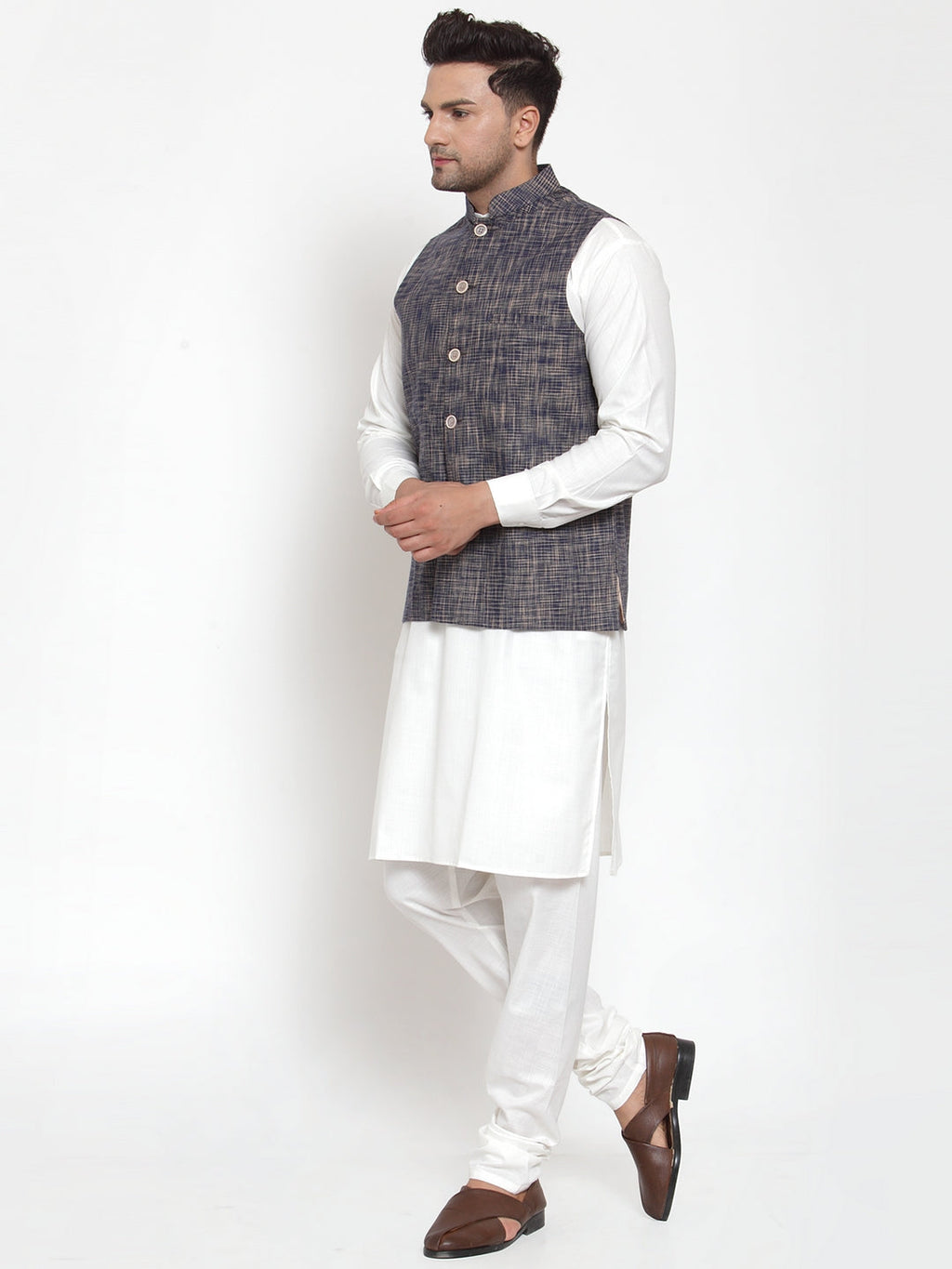Jompers Men's Beautiful Blue Woven Design Nehru Jacket