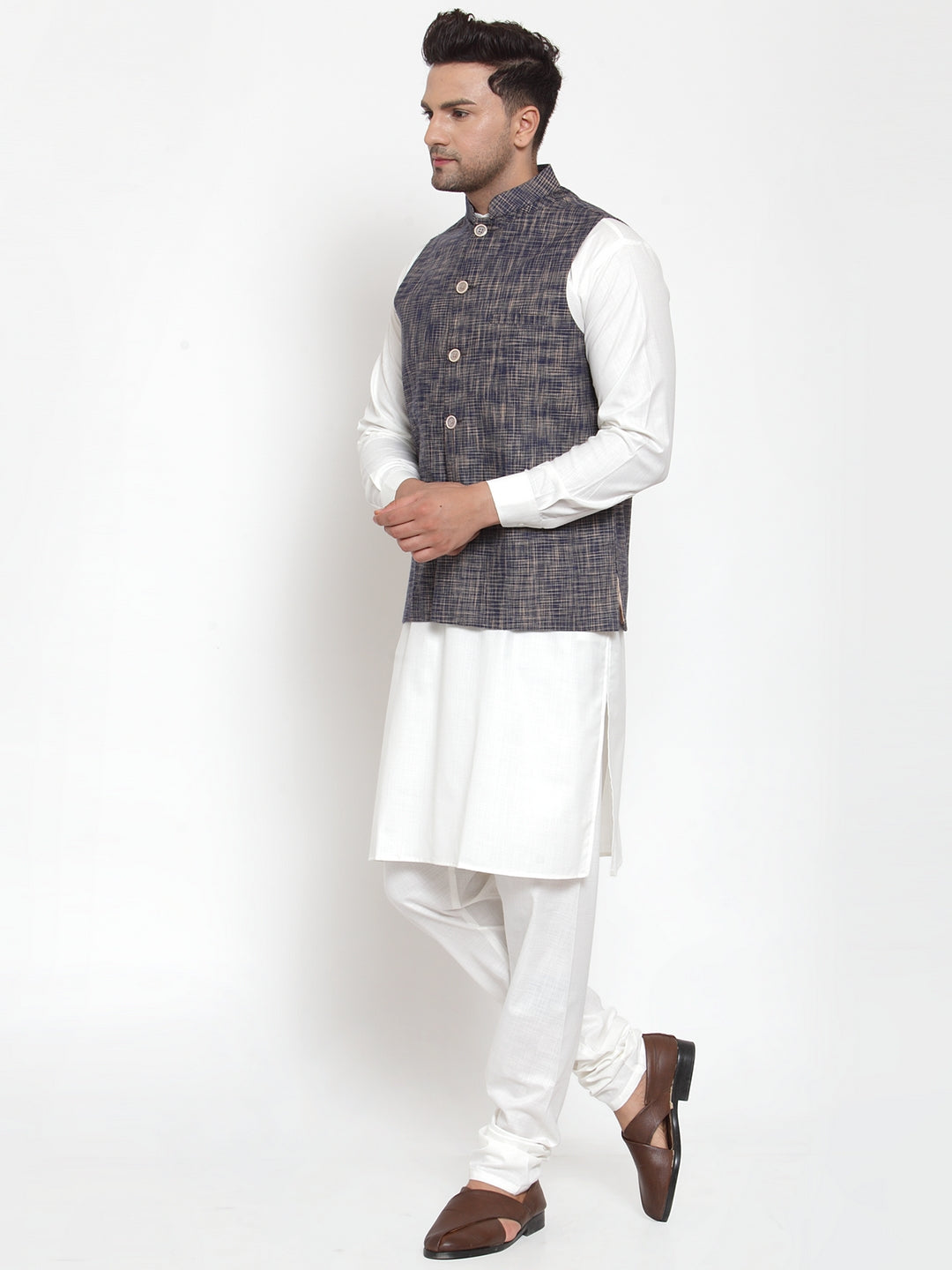 Jompers Men's Beautiful Blue Woven Design Nehru Jacket