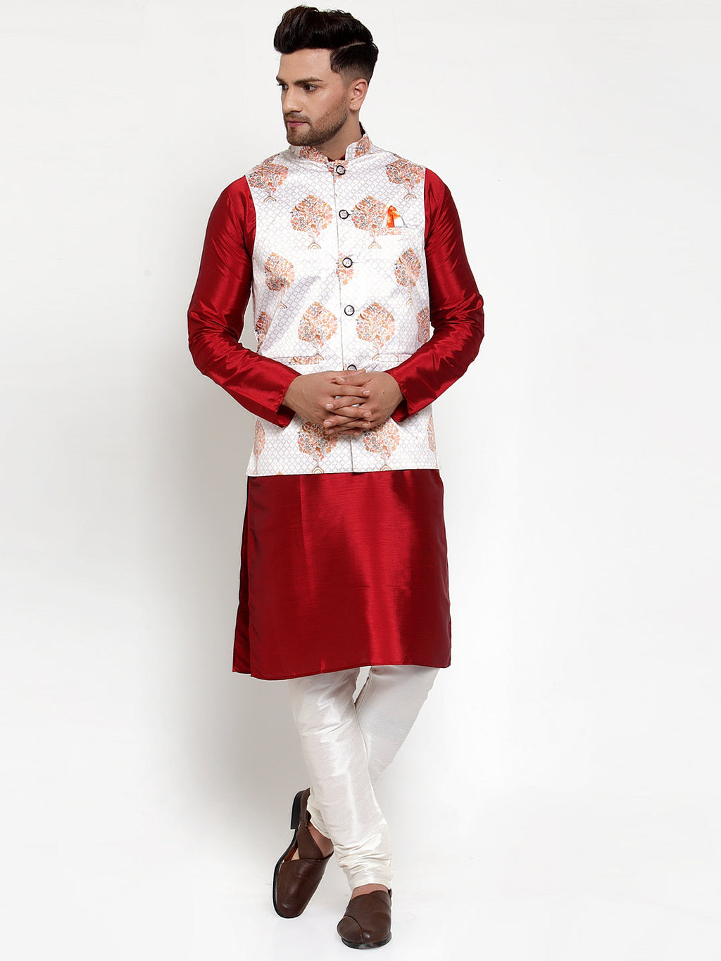 Jompers Men's White Printed Nehru Jacket