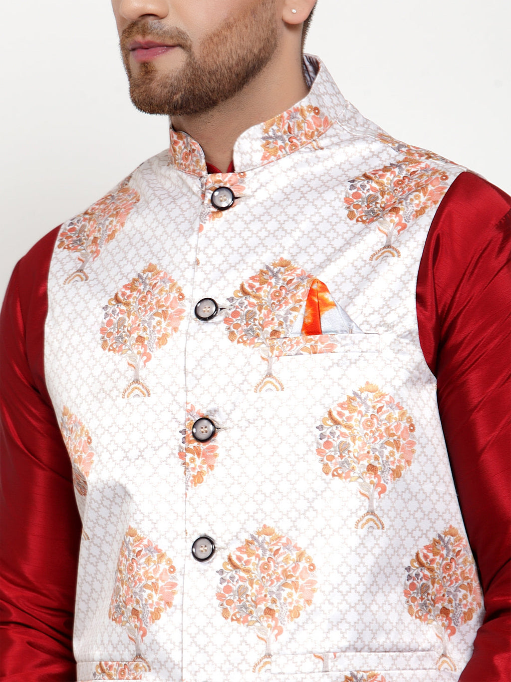 Jompers Men's White Printed Nehru Jacket
