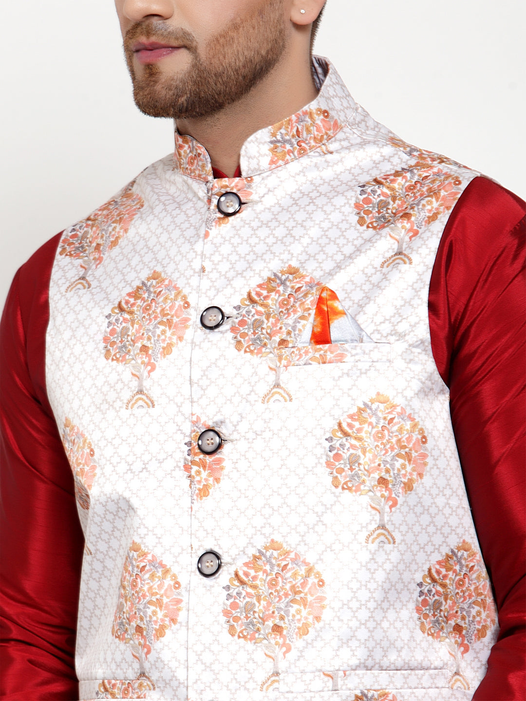 Jompers Men's White Printed Nehru Jacket