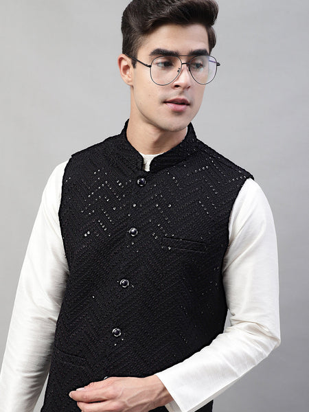 Jompers Men's Sequins Embroidered Rayon Nehru Jacket - Black