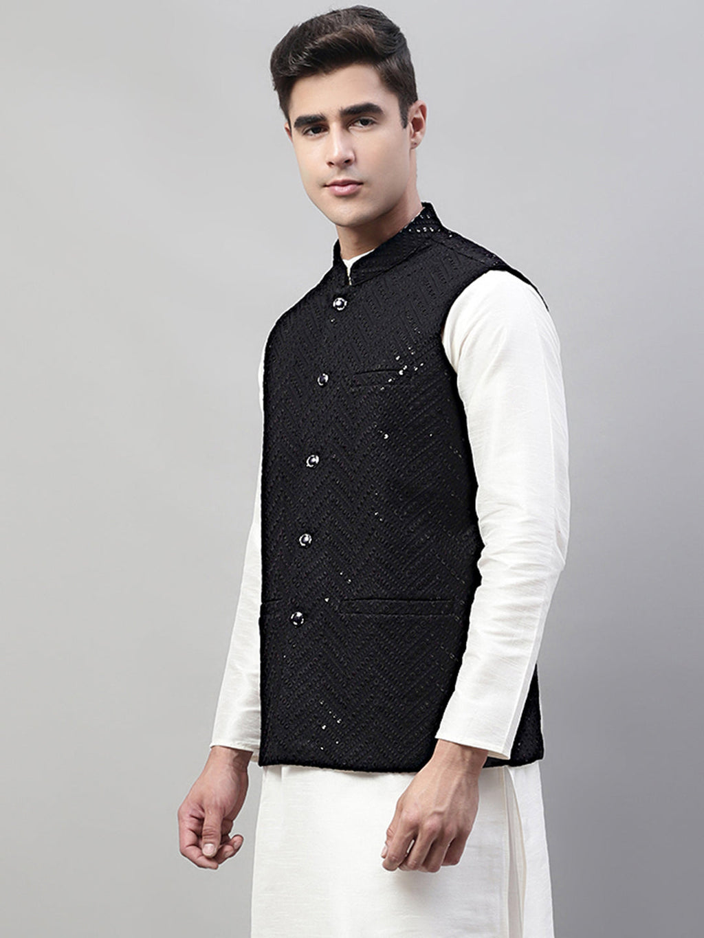 Jompers Men's Sequins Embroidered Rayon Nehru Jacket - Black
