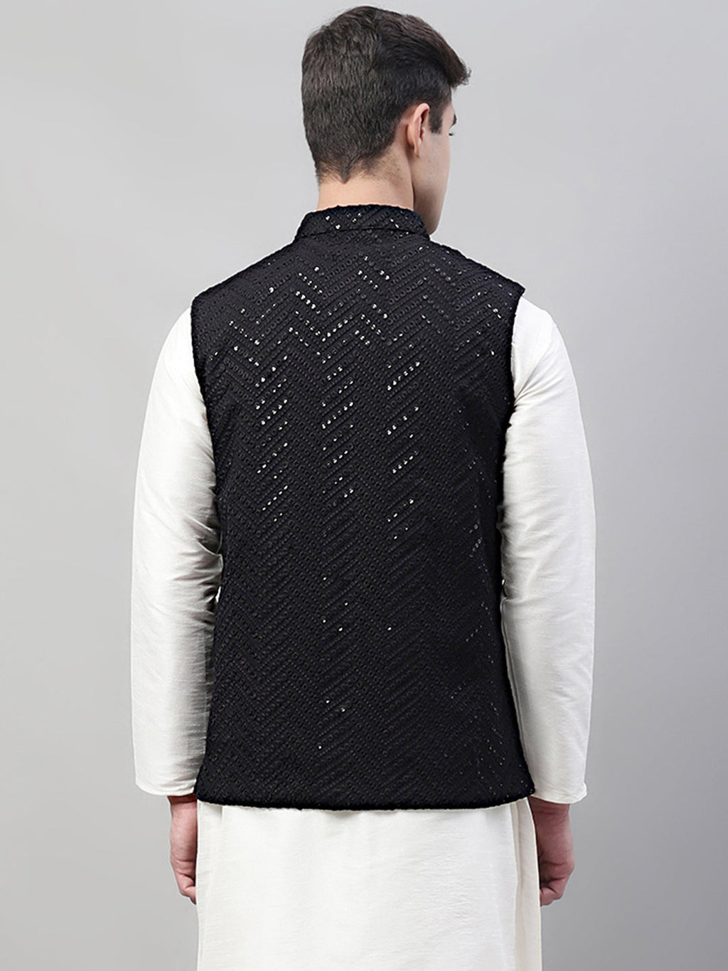 Jompers Men's Sequins Embroidered Rayon Nehru Jacket - Black