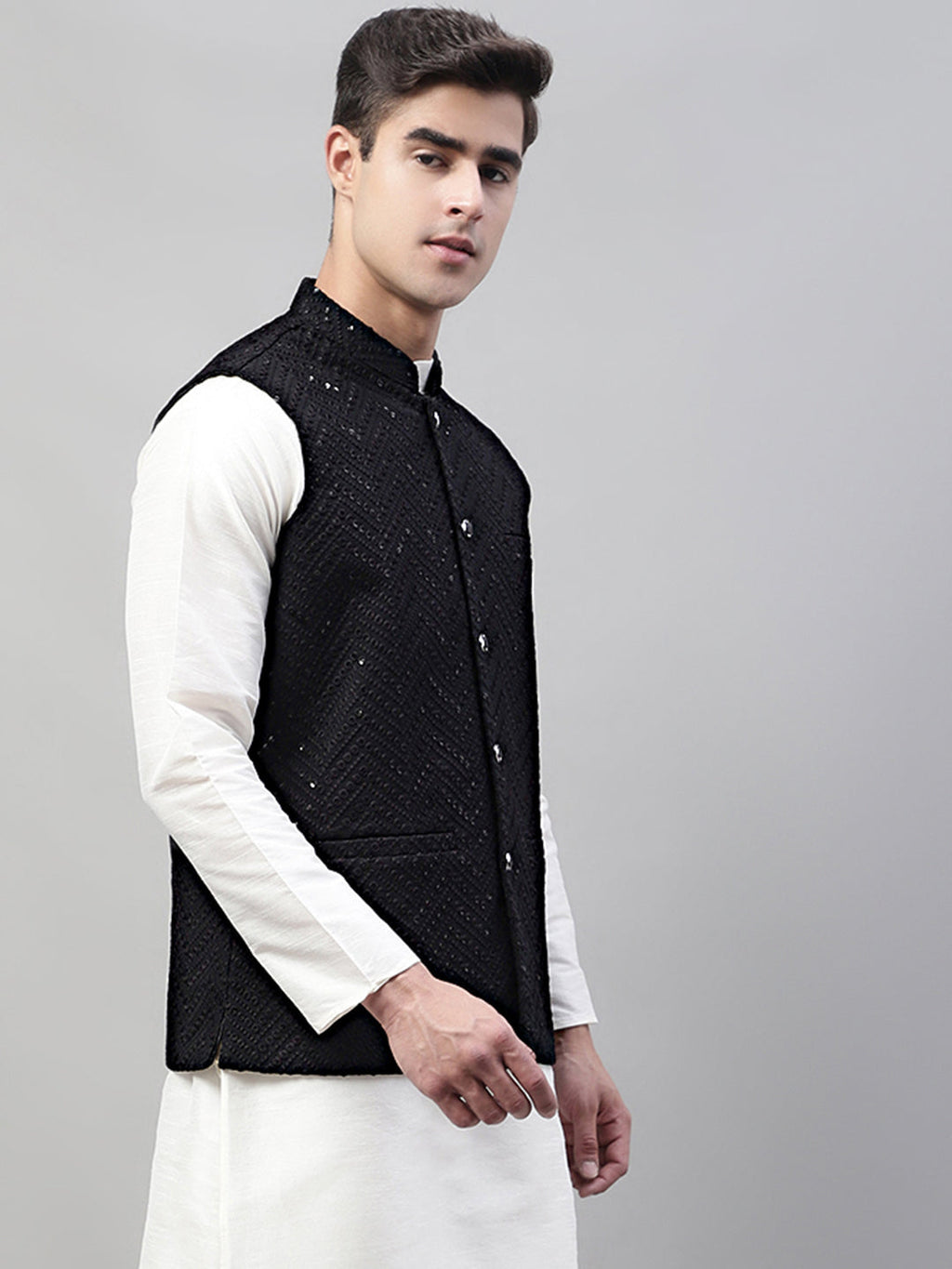 Jompers Men's Sequins Embroidered Rayon Nehru Jacket - Black