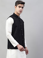 Jompers Men's Sequins Embroidered Rayon Nehru Jacket - Black