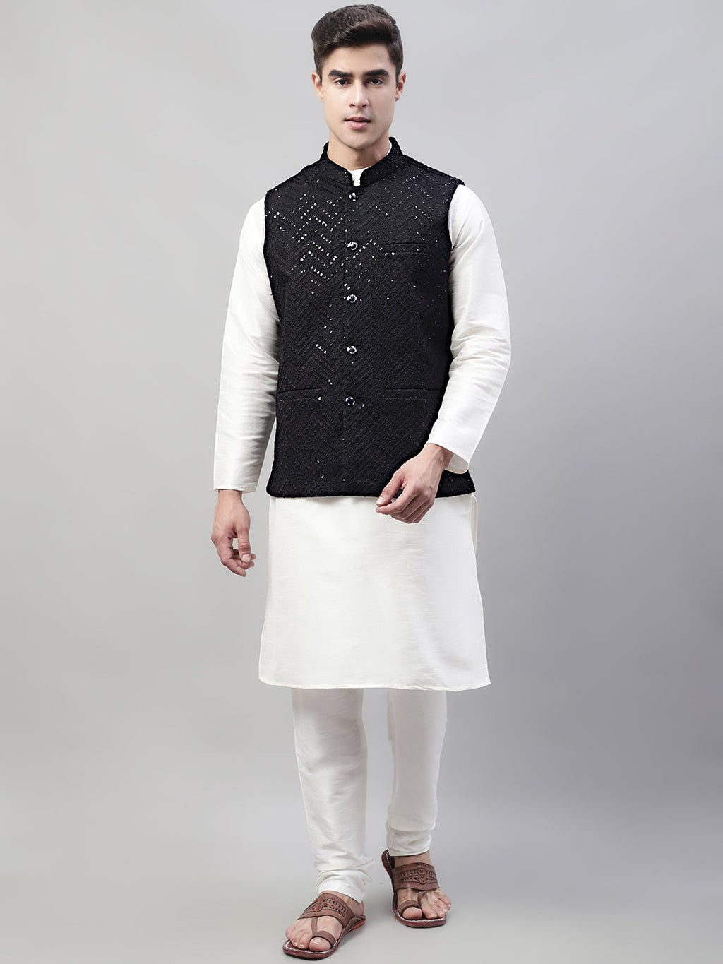 Jompers Men's Sequins Embroidered Rayon Nehru Jacket - Black