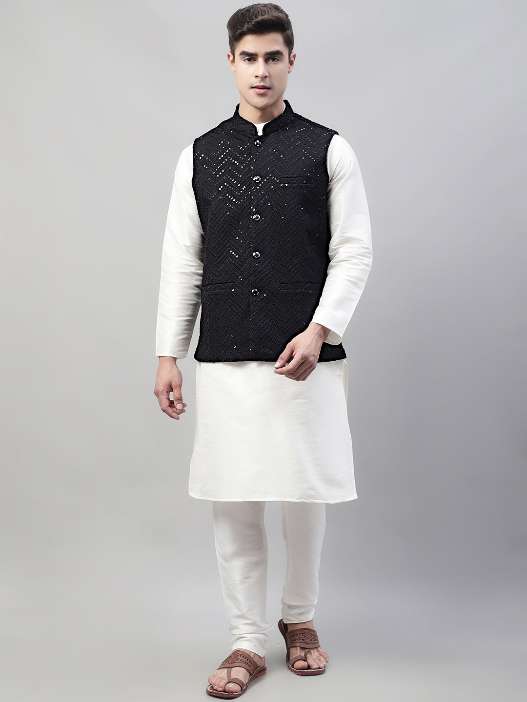 Jompers Men's Sequins Embroidered Rayon Nehru Jacket - Black