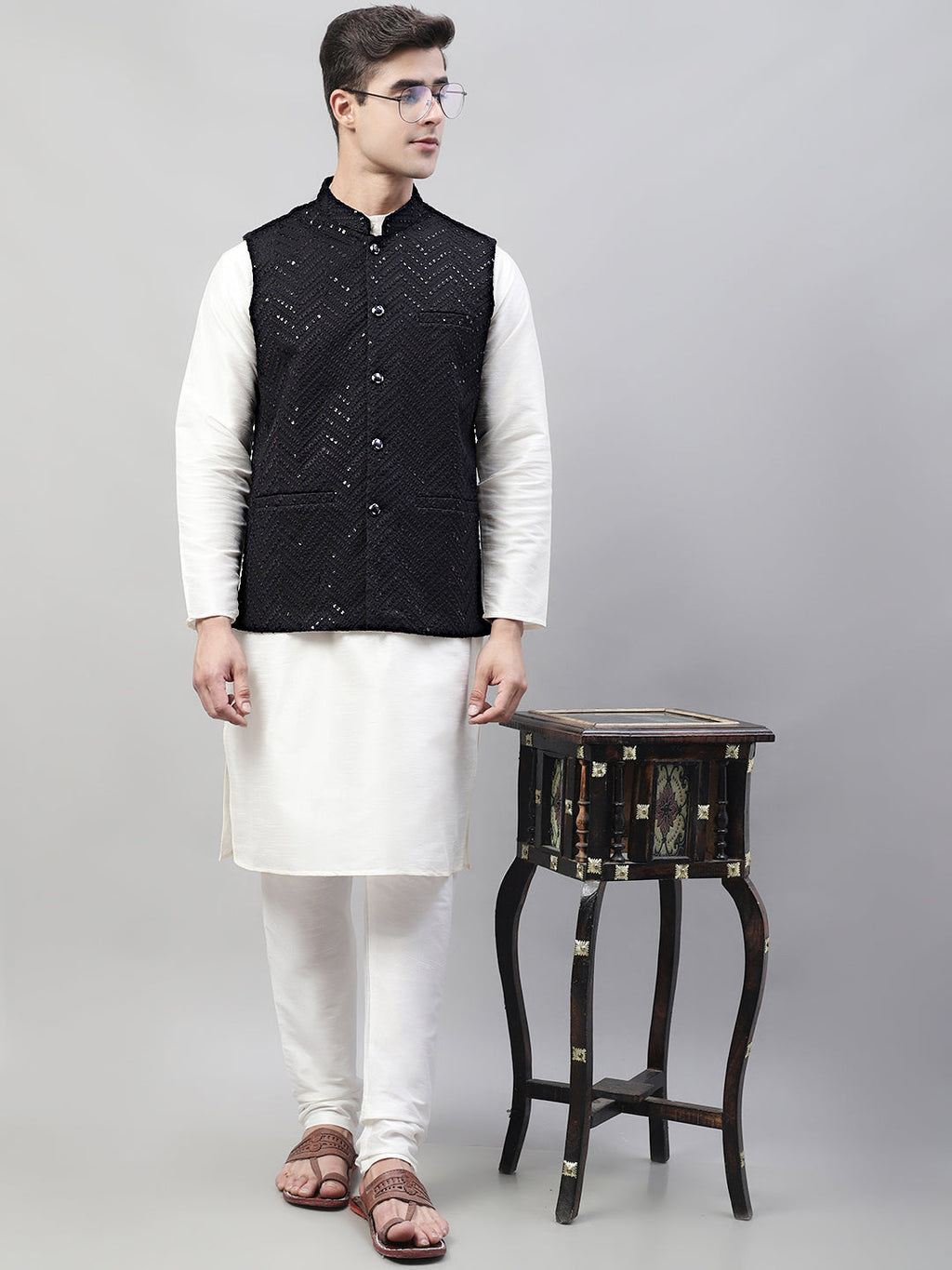 Jompers Men's Sequins Embroidered Rayon Nehru Jacket - Black