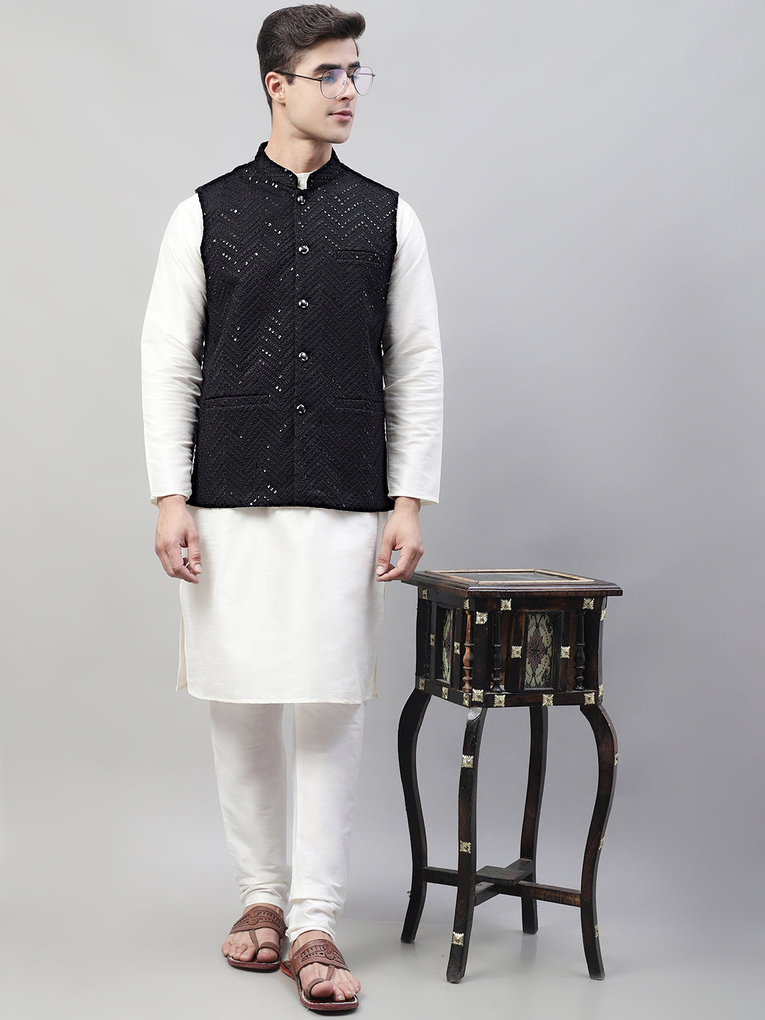 Jompers Men's Sequins Embroidered Rayon Nehru Jacket - Black