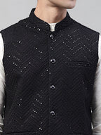 Jompers Men's Sequins Embroidered Rayon Nehru Jacket - Black