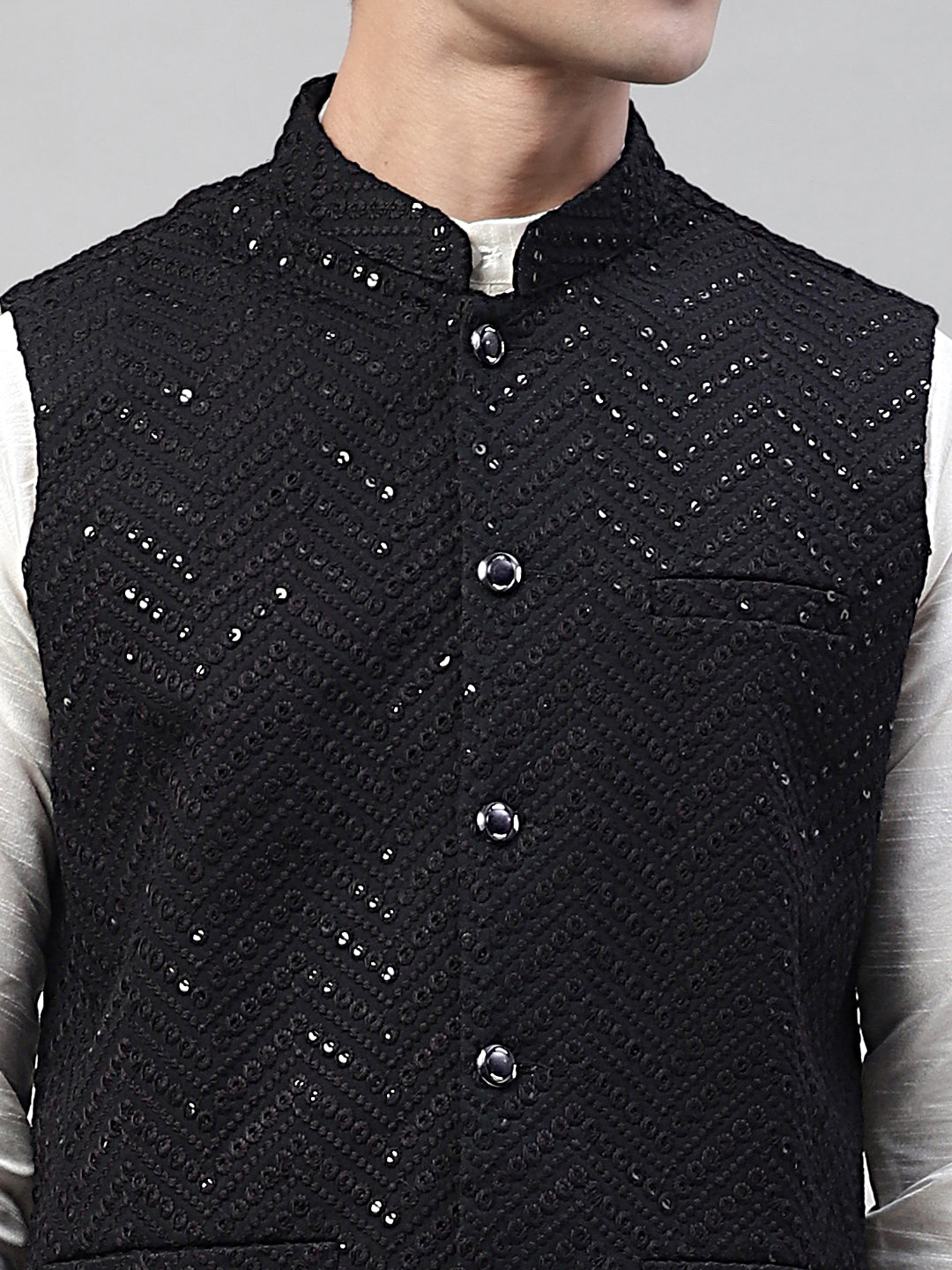 Jompers Men's Sequins Embroidered Rayon Nehru Jacket - Black