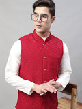 Jompers Men's Sequins Embroidered Rayon Nehru Jacket - Maroon