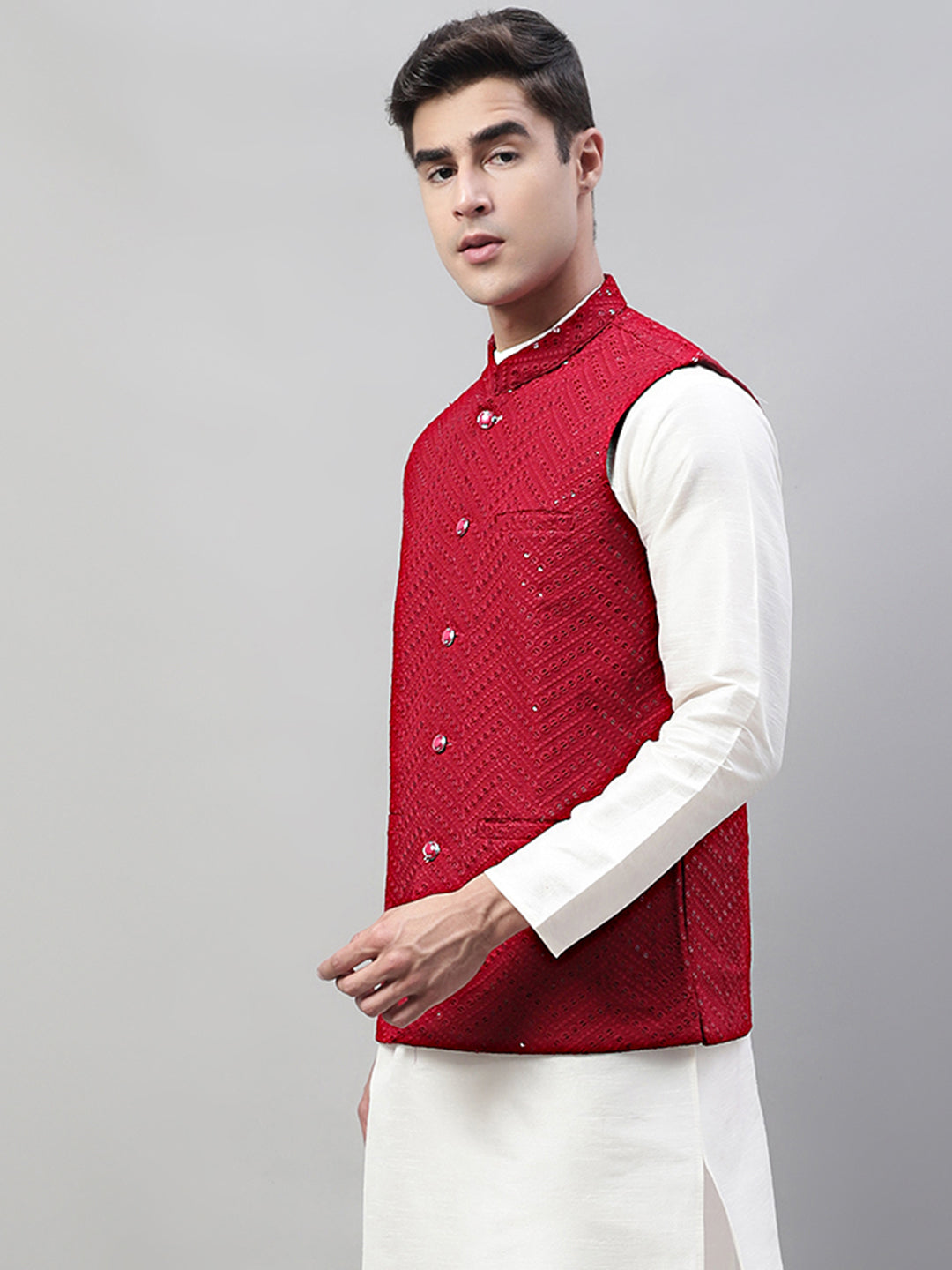 Jompers Men's Sequins Embroidered Rayon Nehru Jacket - Maroon