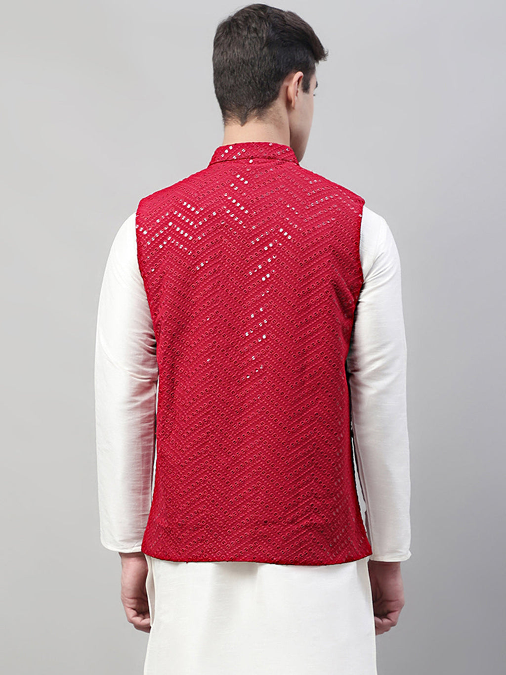 Jompers Men's Sequins Embroidered Rayon Nehru Jacket - Maroon