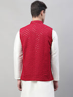 Jompers Men's Sequins Embroidered Rayon Nehru Jacket - Maroon