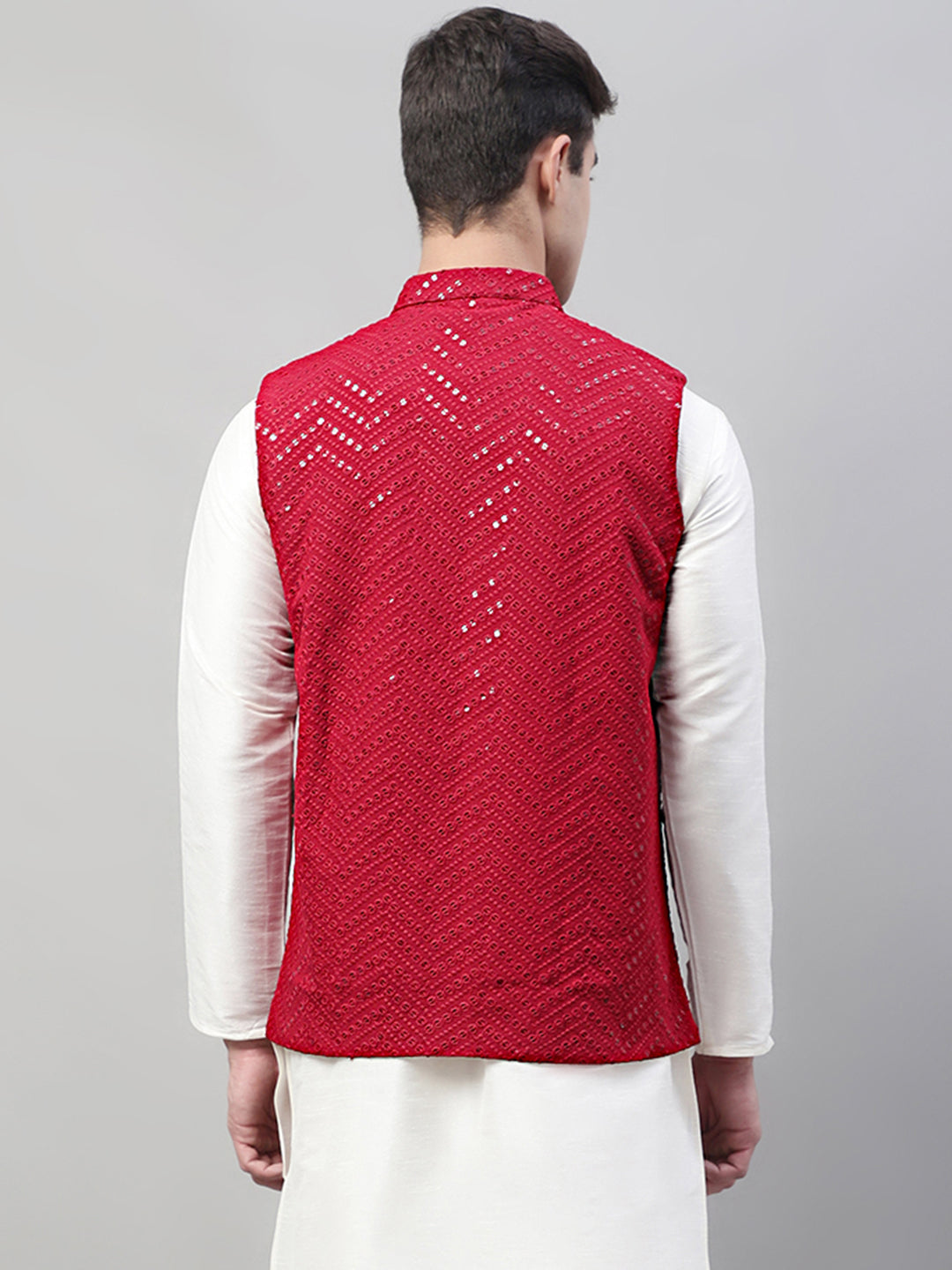 Jompers Men's Sequins Embroidered Rayon Nehru Jacket - Maroon