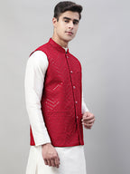 Jompers Men's Sequins Embroidered Rayon Nehru Jacket - Maroon