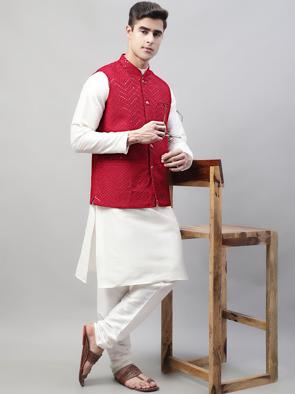 Jompers Men's Sequins Embroidered Rayon Nehru Jacket - Maroon