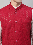 Jompers Men's Sequins Embroidered Rayon Nehru Jacket - Maroon