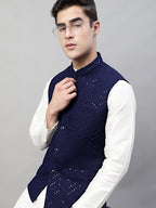 Jompers Men's Sequins Embroidered Rayon Nehru Jacket - Navy Blue