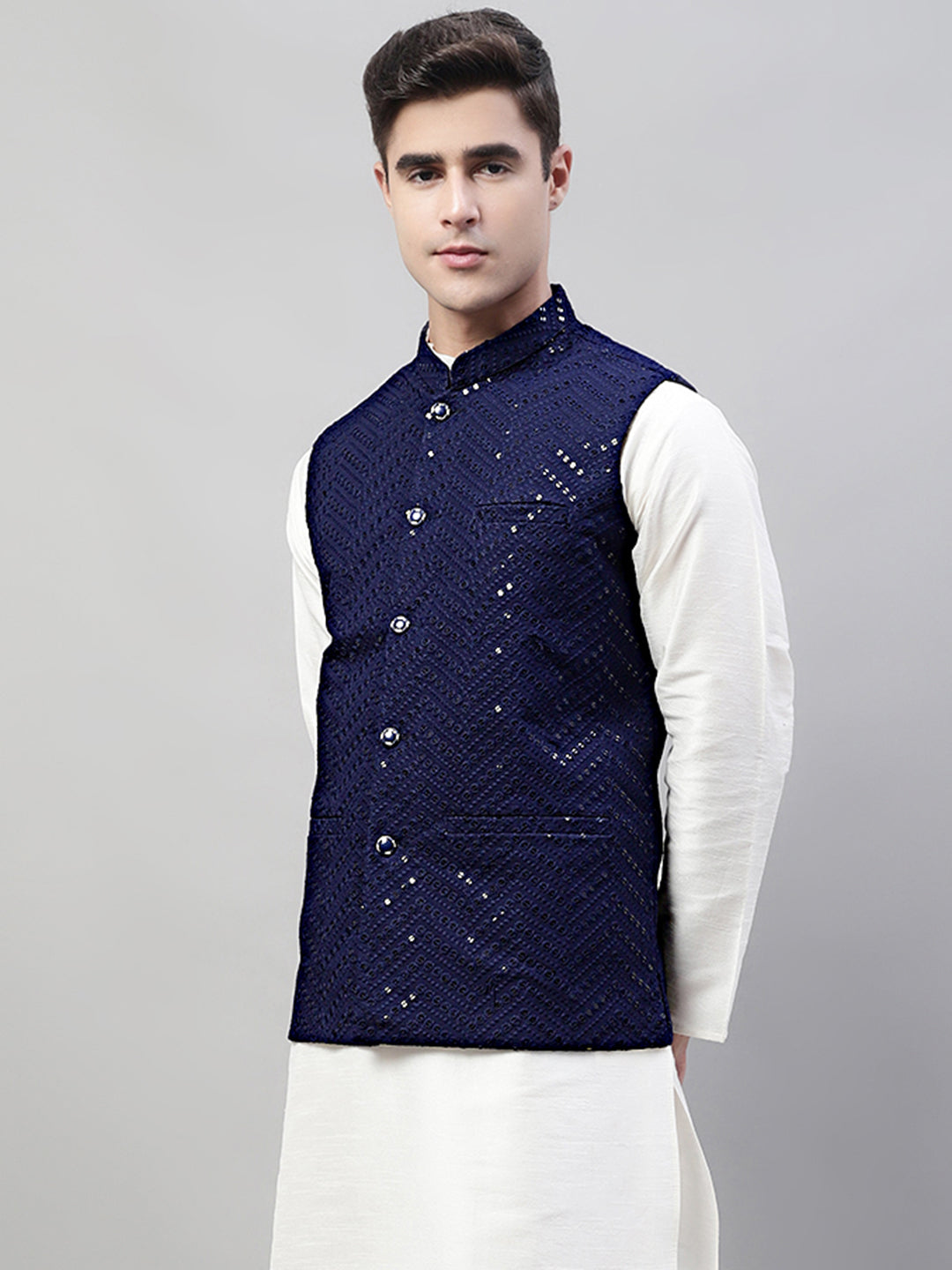 Jompers Men's Sequins Embroidered Rayon Nehru Jacket - Navy Blue
