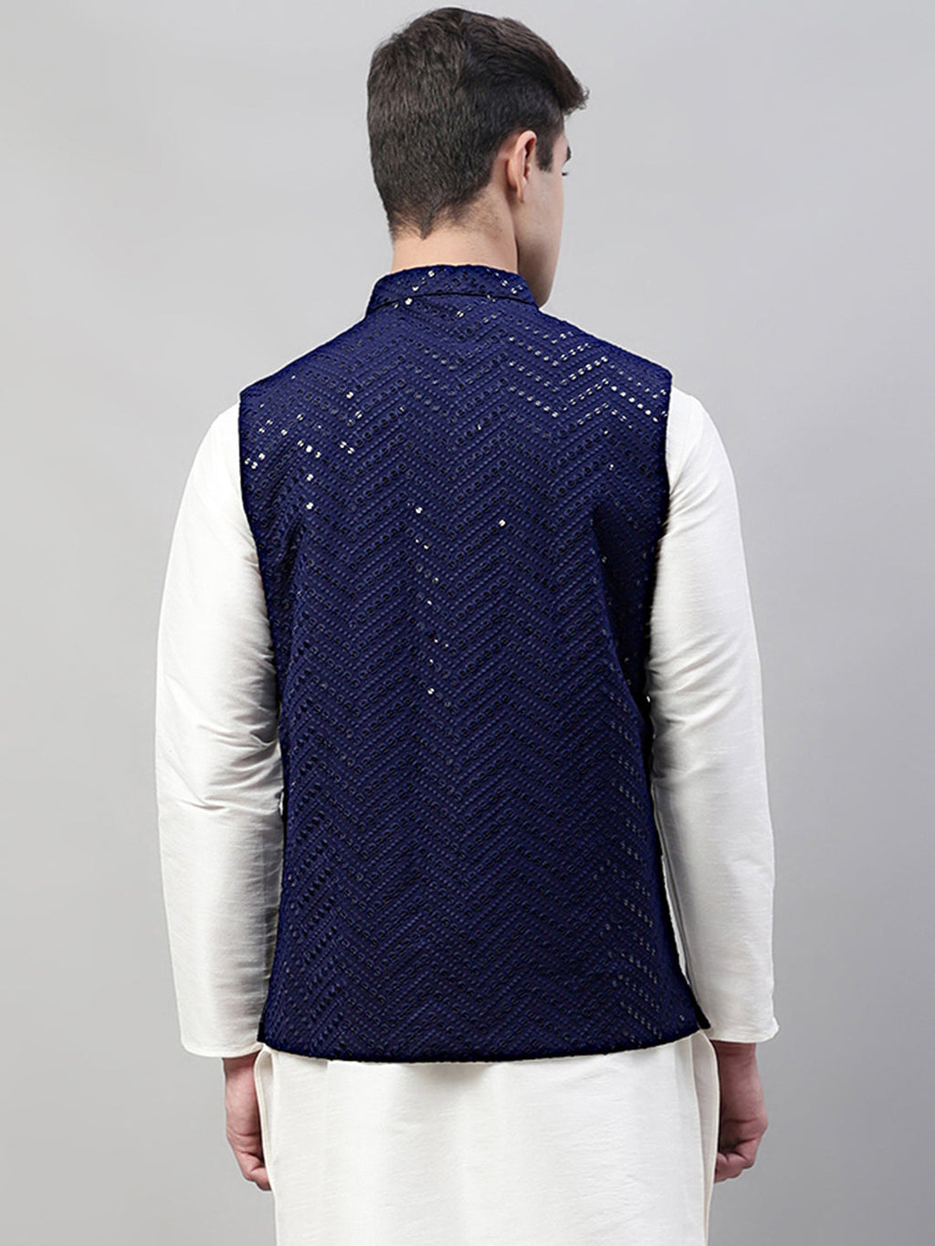 Jompers Men's Sequins Embroidered Rayon Nehru Jacket - Navy Blue