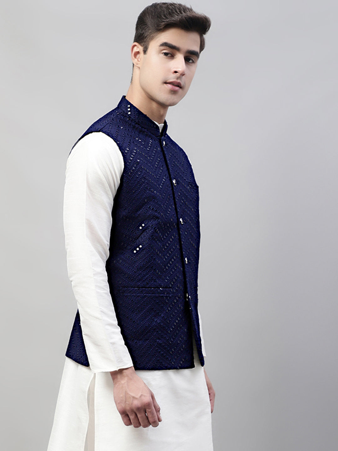Jompers Men's Sequins Embroidered Rayon Nehru Jacket - Navy Blue