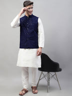 Jompers Men's Sequins Embroidered Rayon Nehru Jacket - Navy Blue