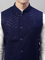Jompers Men's Sequins Embroidered Rayon Nehru Jacket - Navy Blue