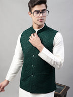 Jompers Men's Sequins Embroidered Rayon Nehru Jacket - Olive