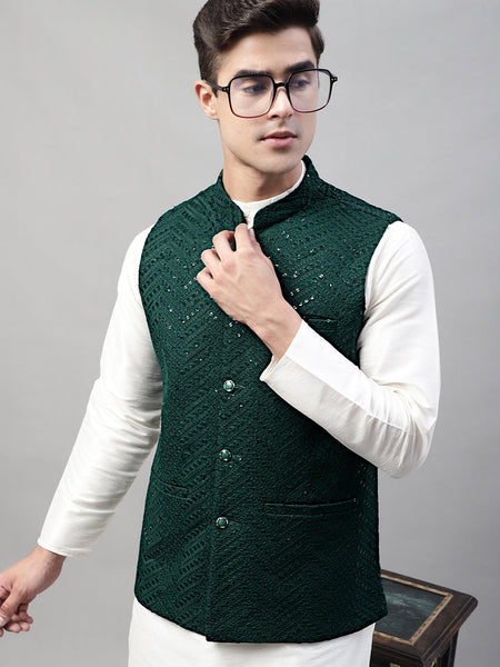 Jompers Men's Sequins Embroidered Rayon Nehru Jacket - Olive