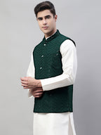 Jompers Men's Sequins Embroidered Rayon Nehru Jacket - Olive