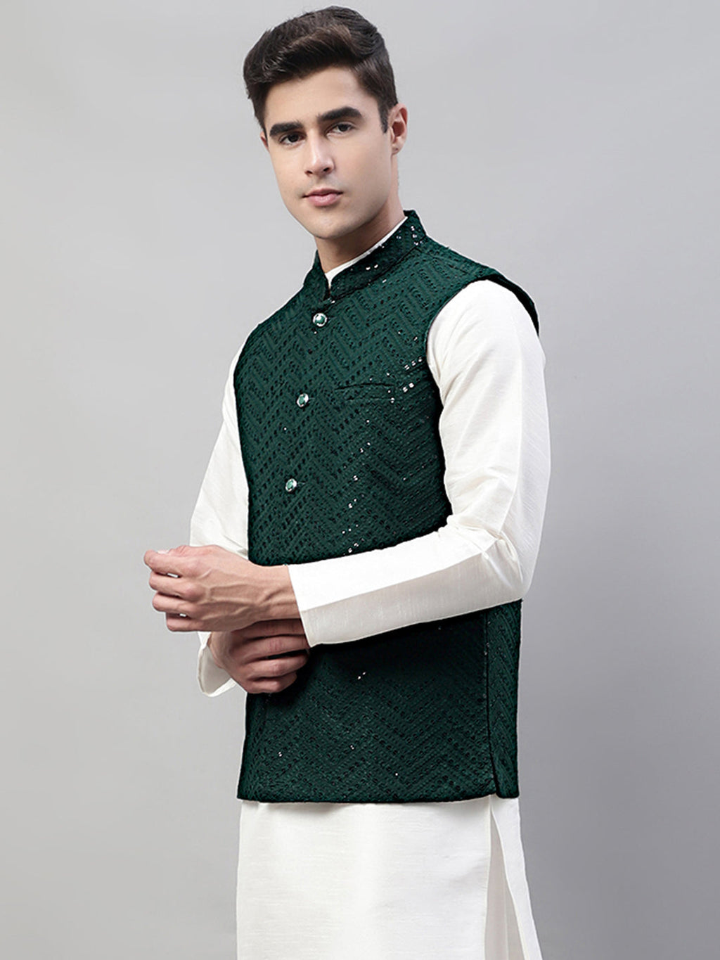 Jompers Men's Sequins Embroidered Rayon Nehru Jacket - Olive