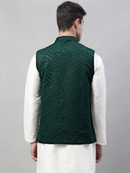 Jompers Men's Sequins Embroidered Rayon Nehru Jacket - Olive